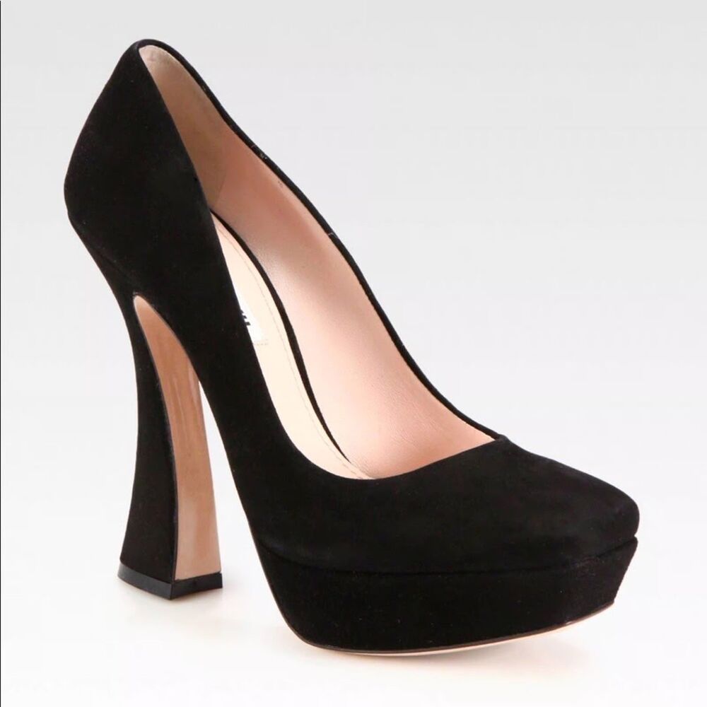 Miu Miu Women’s Black Suede Curved Heel Platform Pump size 36.5/6.5 Black Witchy